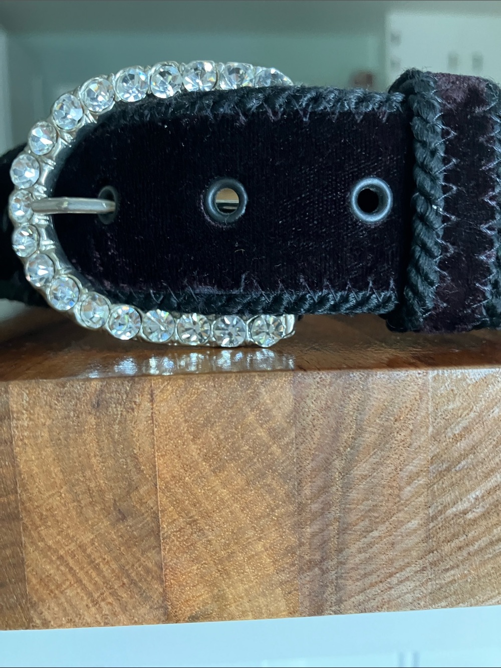 Vintage Black Velvet A. Brod Belt USA Rhinestone Buckle Italy M Glam - Picture 9 of 15